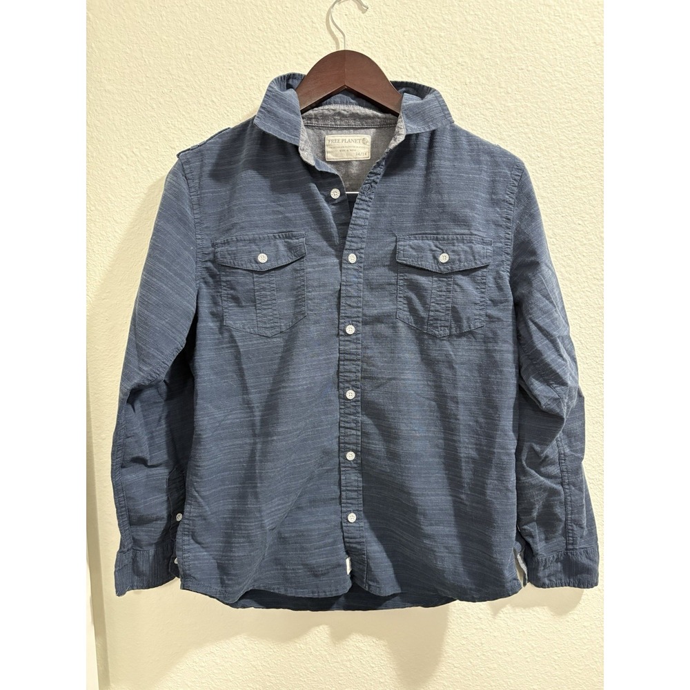 Free Planet Shirt BOYS 14/16 Blue Button Up Long‎ Sleeve Made In India